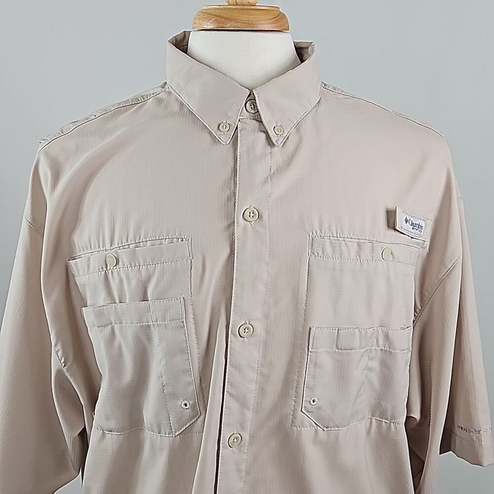Columbia PFG Outdoor Fishing Short-Sleeve Button-Down Tan Shirt Men's XLT FLAWS